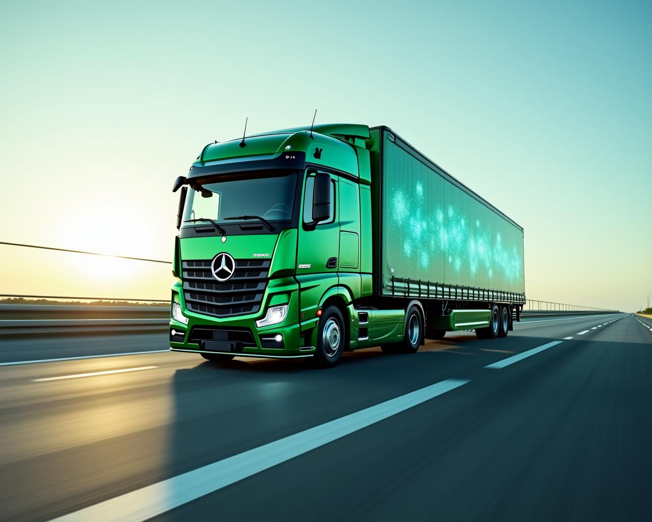 Modern logistics truck on a sunlit highway with digital overlay effects
