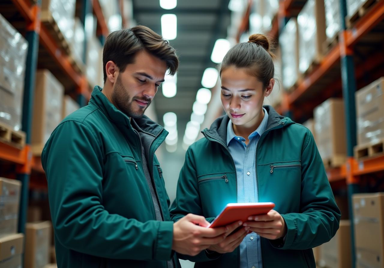 Logistics professionals reviewing data on tablet in a modern warehouse